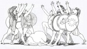 Les sept chefs contre Thèbes : Adraste, Polynice, Capanée, Parthénopé, Amphiaraüs, Hippomédon et Tydee - Gravure de John Flaxman