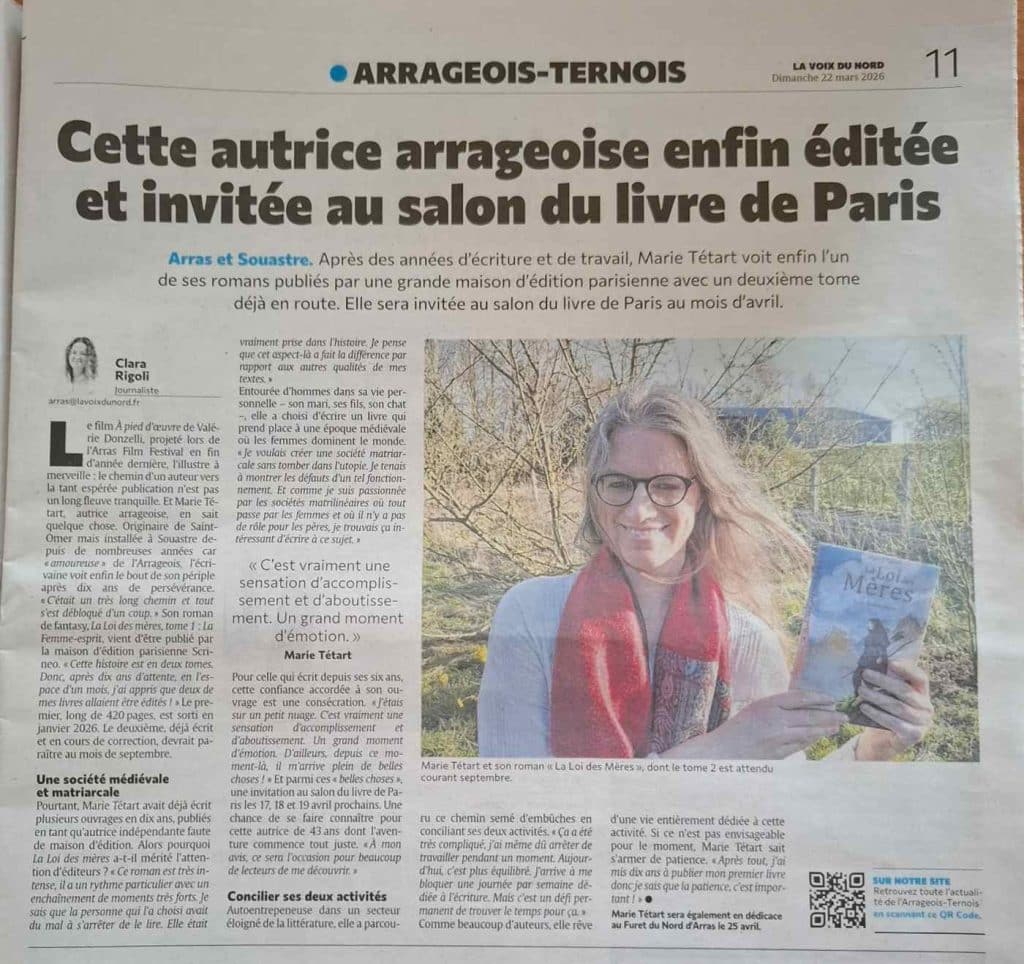 Marie Tétart présentant son roman La Loi des Mères dans un article de La Voix du Nord consacré à sa publication chez Scrineo en mars 2026