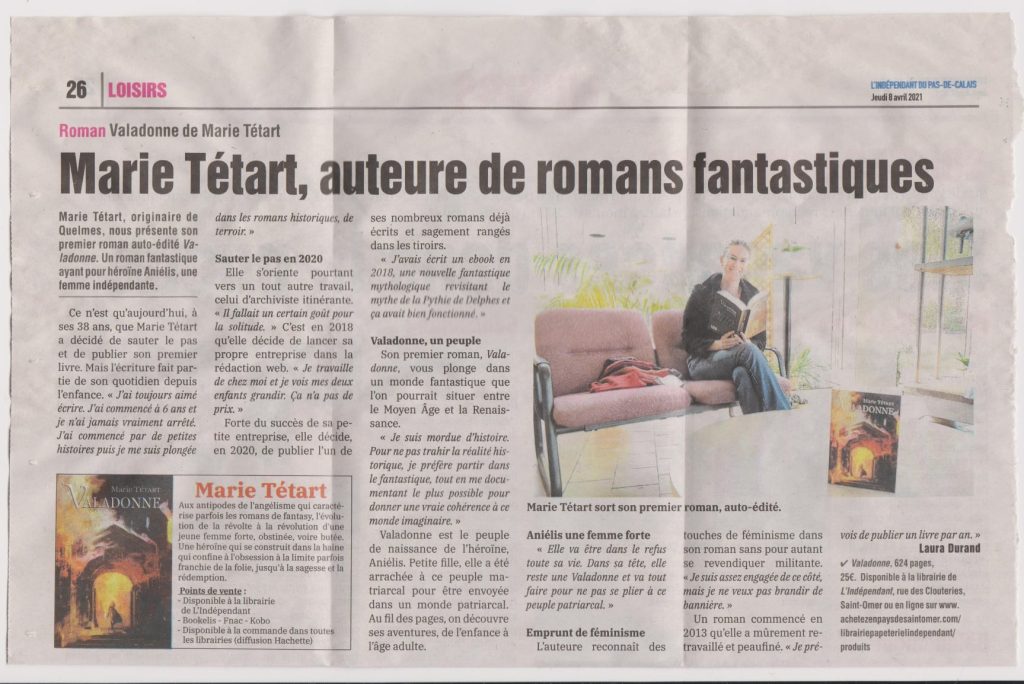 Article de presse de L'Indépendant consacré à la sortie de Valadonne, premier roman de fantasy de Marie Tétart, publié en 2021